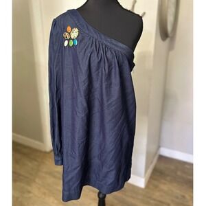 NWOT 7 For All Mankind Denim One Shoulder Dress Embellished‎ Buttons Size Large
